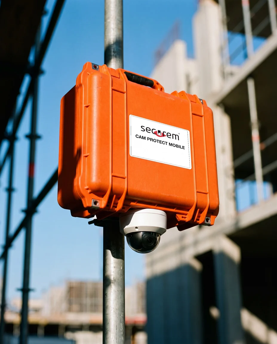 Cam Protect Mobile : boîtier orange avec caméra intégrée, fixé sur un échafaudage
