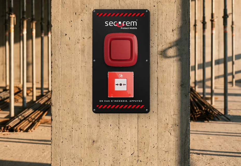 Fire Protect Mobile : panneau noir Securem Protect Mobile avec sirène incendie EN 54 rouge et déclencheur manuel rouge, fixé à un pilier de chantier