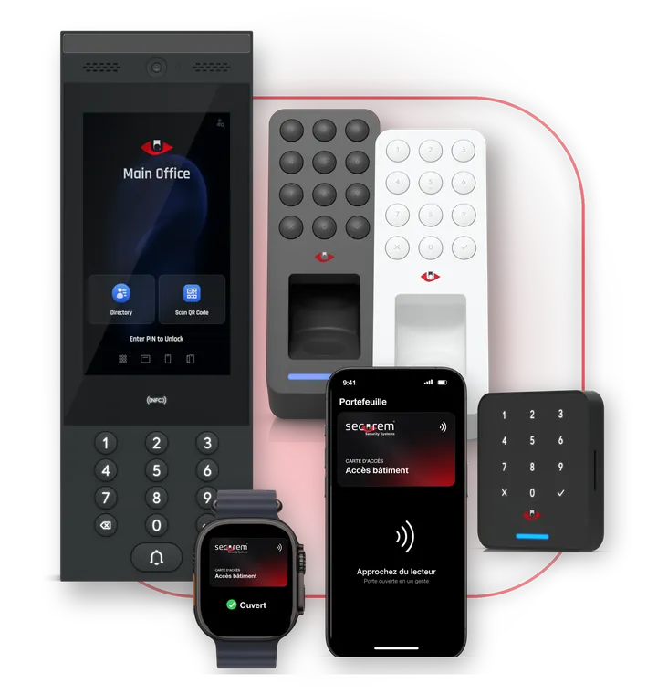 Access : grand vidéophone, lecteurs d'empreinte digitale, lecteur à clavier, montre et smartphone avec la carte d'accès Securem