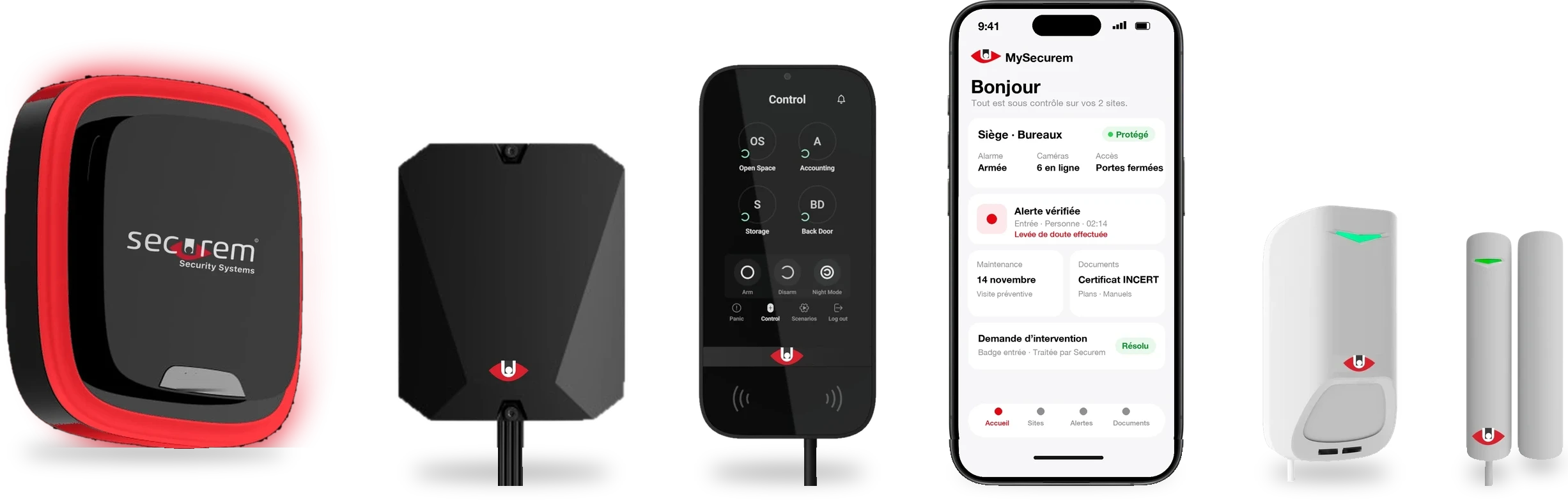 Solution Secure : sirène extérieure, cœur du système, clavier tactile, application MySecurem sur smartphone, détecteur de présence et contact d'ouverture